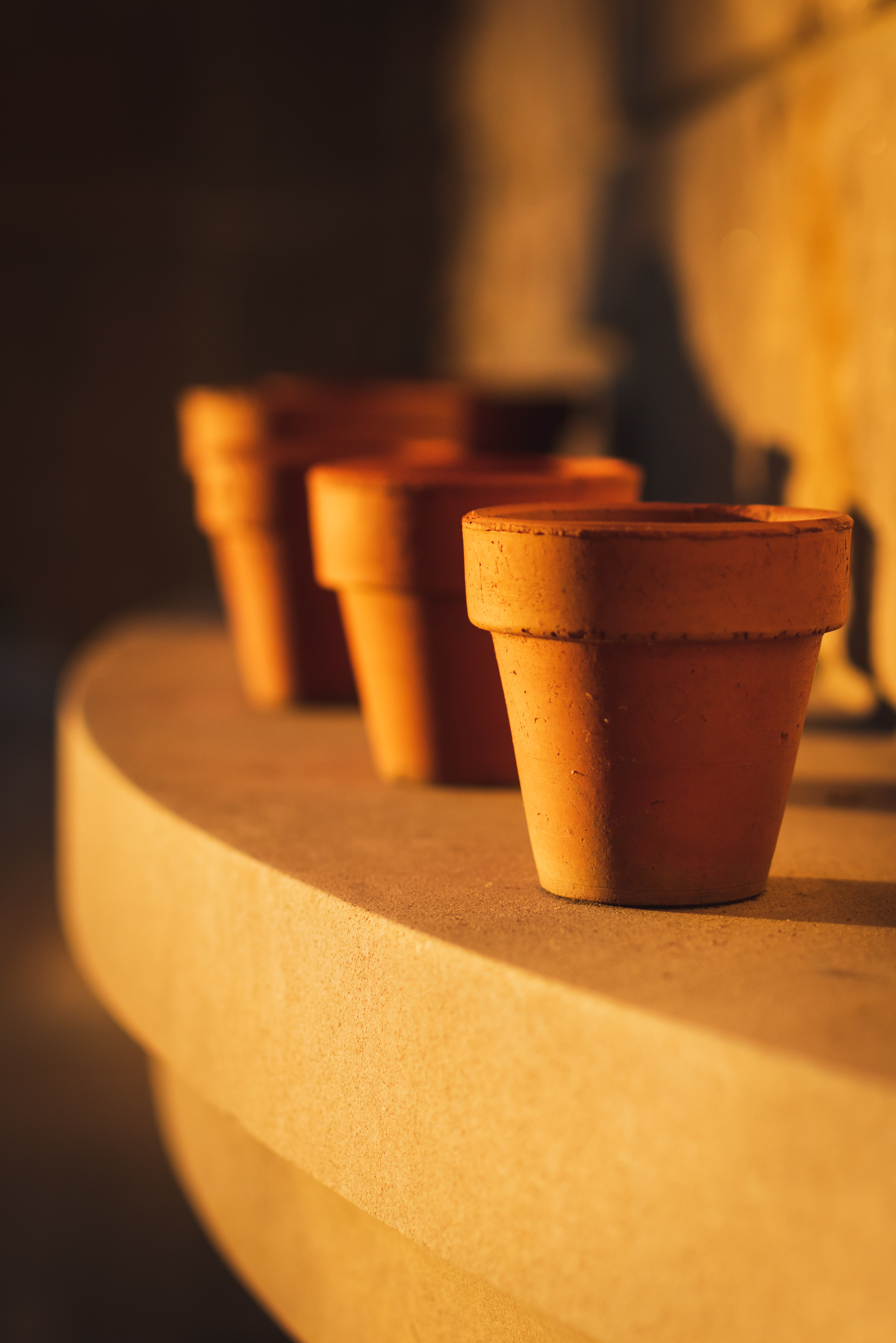 Three earthenware pots on a ledge