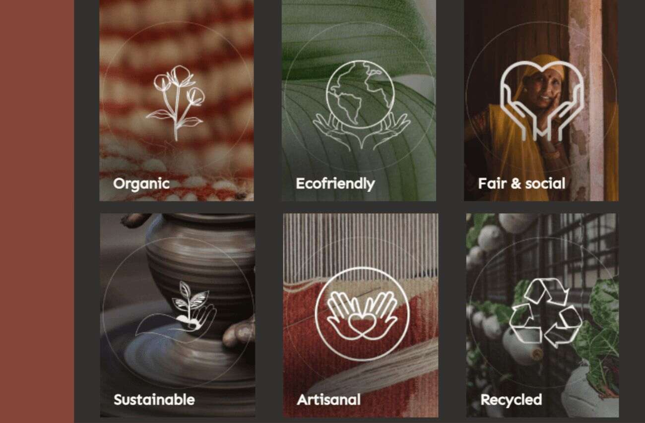 Qalara's values that are: Organic, Eco-friendly, Fair & Social, Sustainable, Artisanal, Recycled