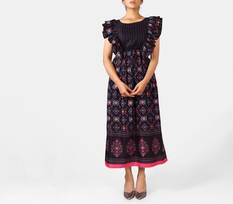 Printed kaleidoscopic ruffle sleeved midi dress