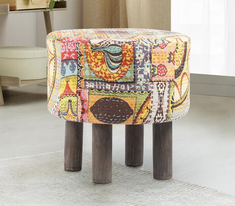 Embroidered acacia wood geometric pouf stool