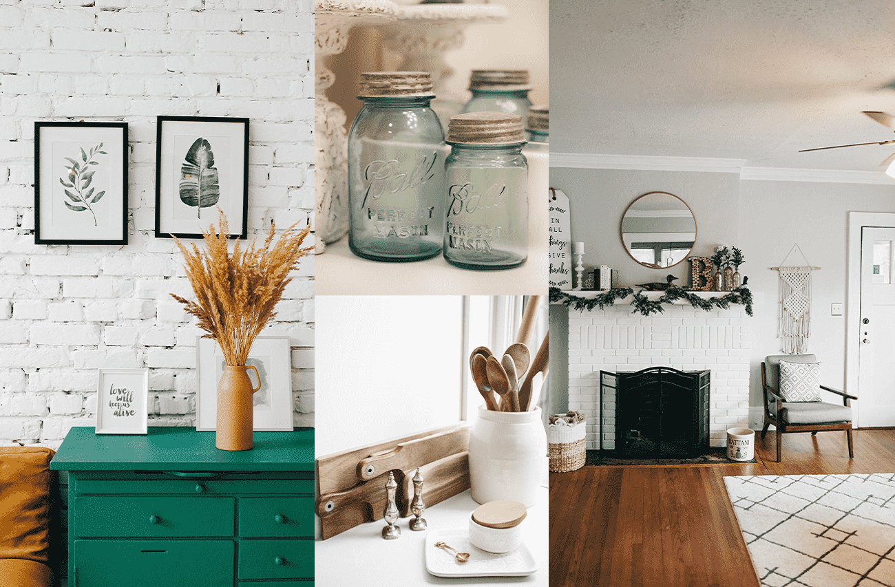 Farmhouse decor, mason jars, hardwood floor, green table with wall frames