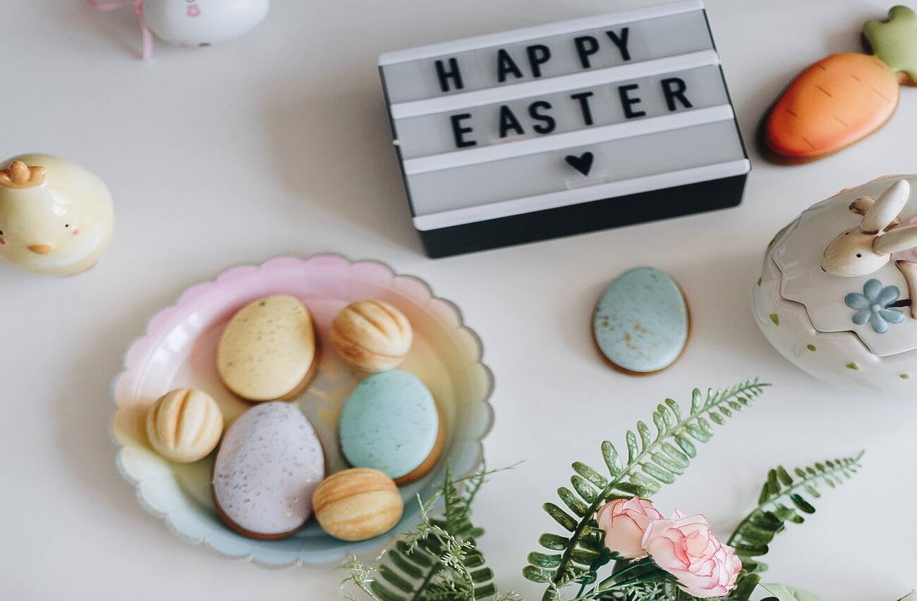 Easter eggs basket with happy easter typography box in the background