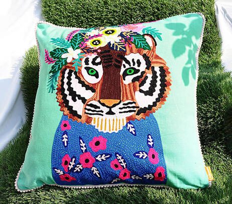 Embroidered cotton flower crown tiger cushion cover