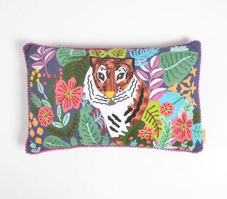 Crewel embroidered floral tiger inspired cushion cover