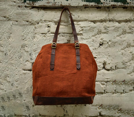 Hand stitched burlap orange tote bag