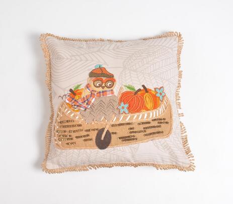 Embroidered owl & pumpkin cotton cushion cover