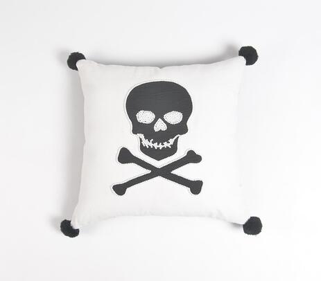 Embroidered black skull & bones cotton cushion cover