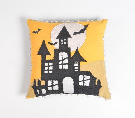 Embroidered yellow haunted house cotton cushion cover