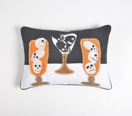 Embroidered skulls in glass cotton cushion cover