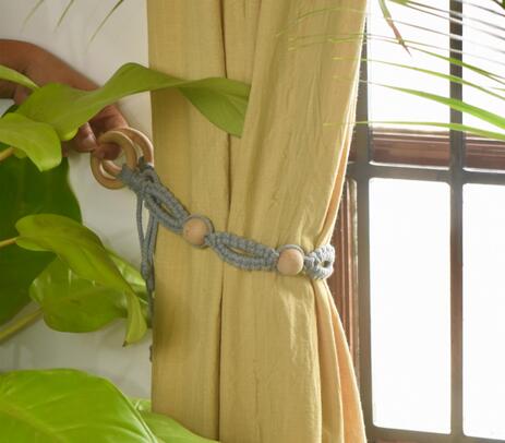 Macrame cotton & wooden beads grey curtain ties