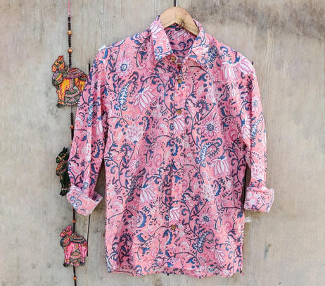 Pink hand block printed cotton shirt