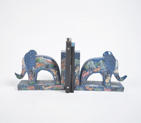 Hand carved & painted wooden elephant bookends