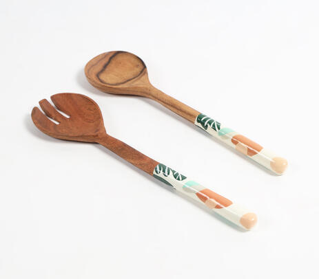 Enameled wooden botanical salad servers