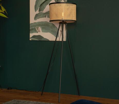 Woven cane hollow cylindrical tripod floor lamp