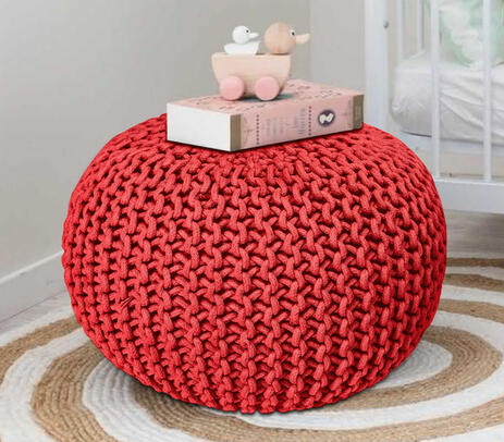 Hand knitted red cotton pouf