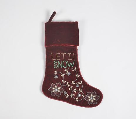 Embroidered beaded white christmas stocking