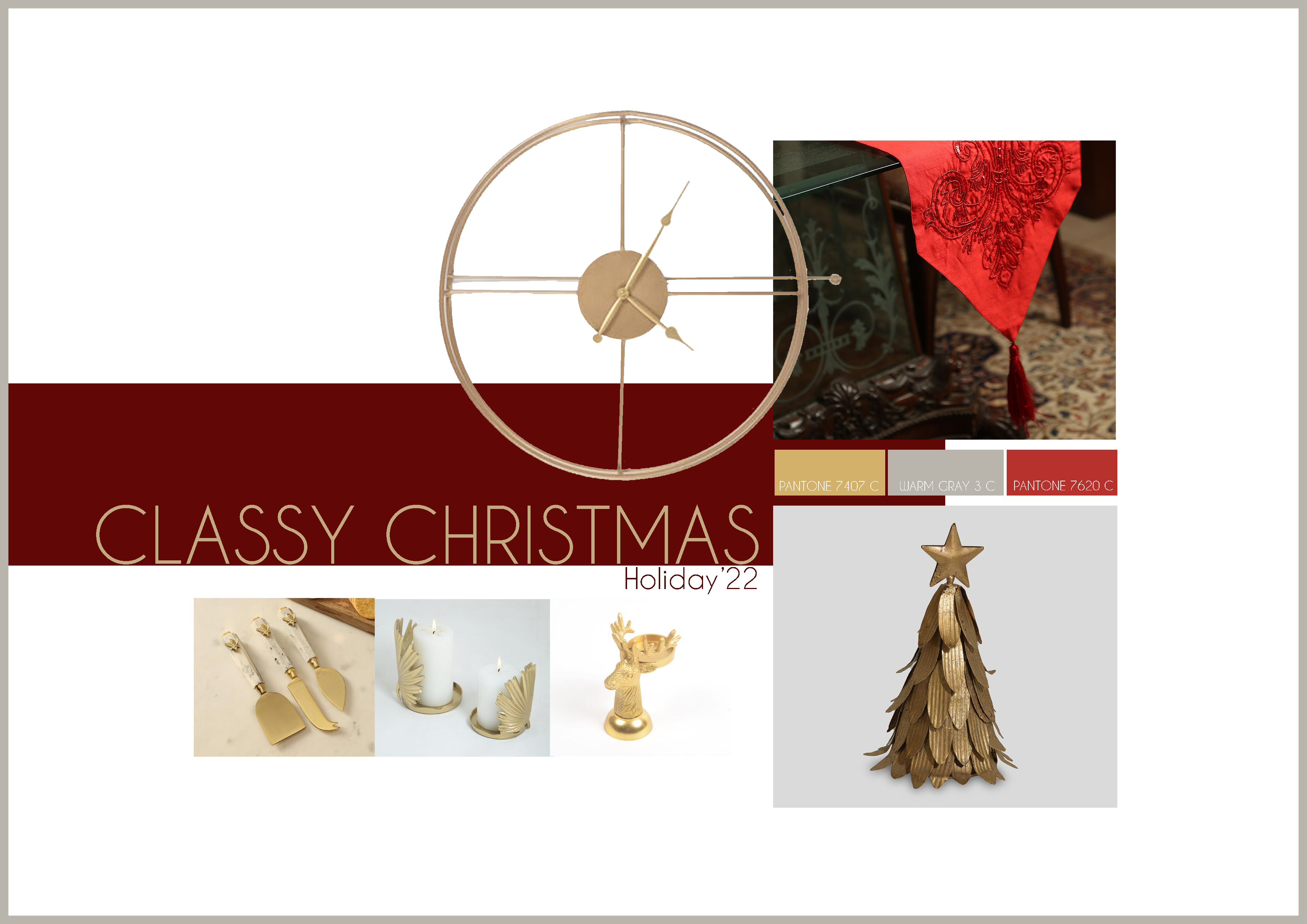 A christmas themed mood board with tree decor, candles and red table runner, and gold animal figurine