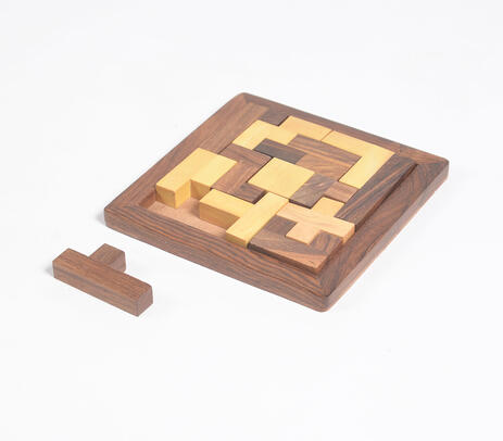 Hand carved wooden tangram brain teaser puzzle