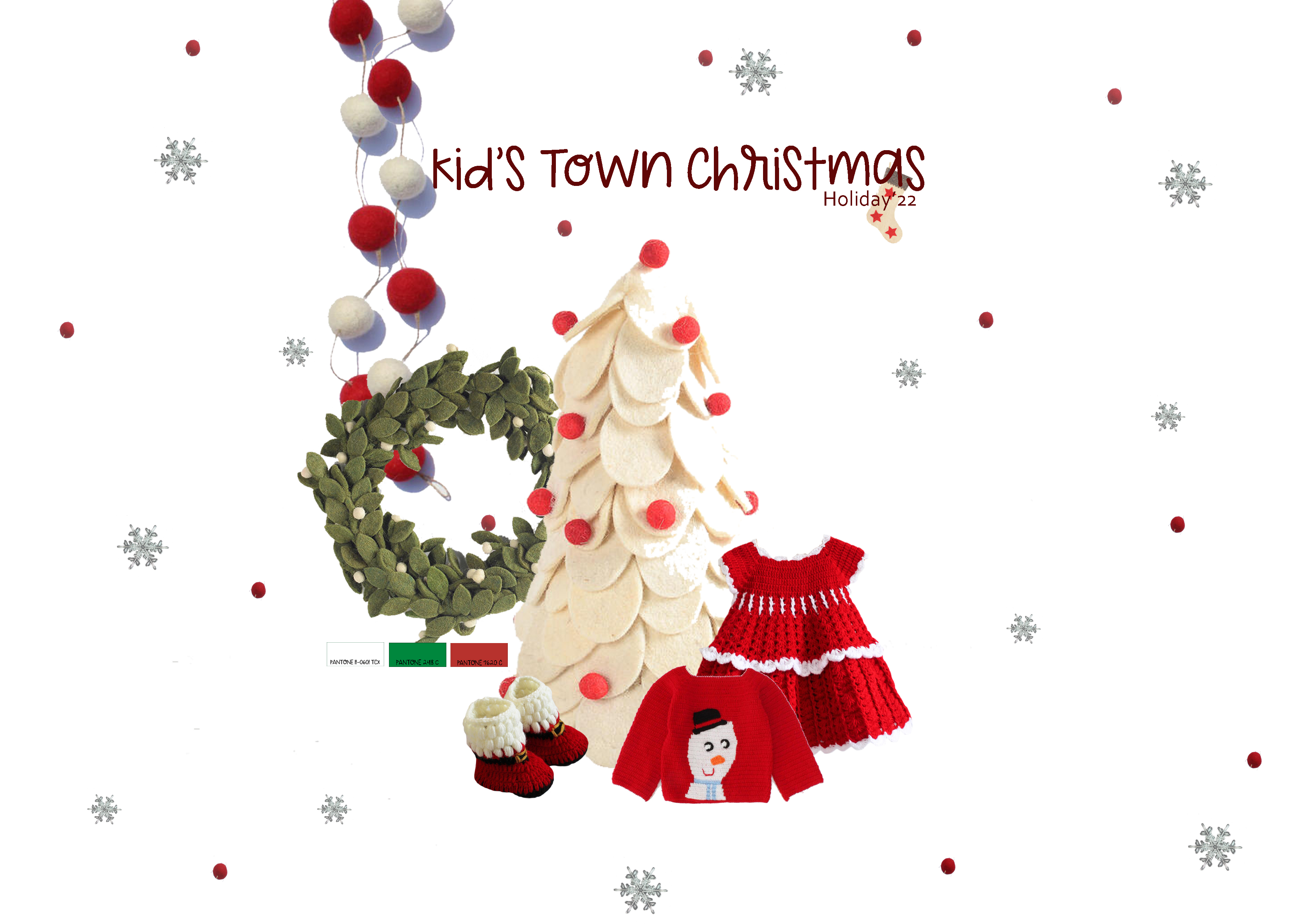A kid's town christmas themed mood board with holly, booties, tree, sweater and frock