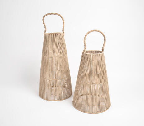 Earthy handwoven truncated cone iron & rope candle holders