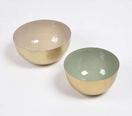 Enameled iron sage & cream bowls