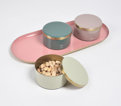 Pastel enameled iron oval tray with 3 snack boxes