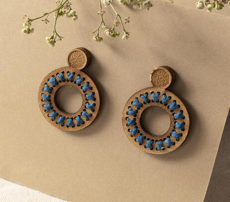 Repurposed wooden frame indigo thread earrings