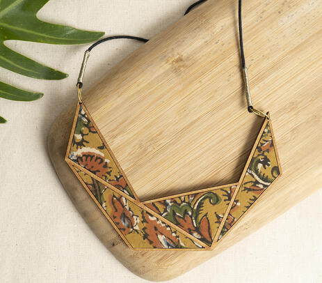 Repurposed wooden frame kalamkari triangles necklace