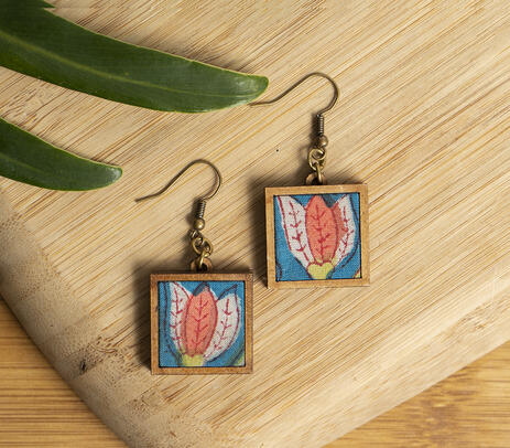 Repurposed wooden frame floral fabric earrings