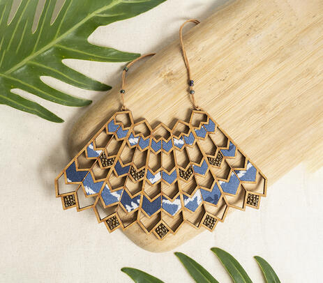 Repurposed wooden frame blue wave necklace