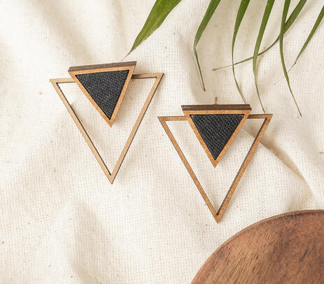 Repurposed wooden frame black triangles earrings