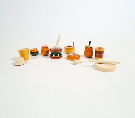 Turned & lacquered acacia wood toy cooking set