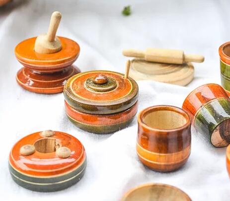 Turned acacia wood toy cooking set