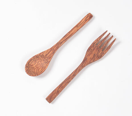Hand cut coconut wood fork & spoon set