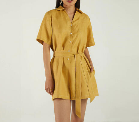 Half-sleeved tie-up hemp romper