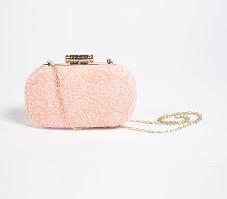 Chikankari paisley embroidered clutch with metallic sling chain