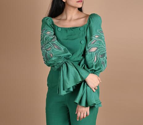 Embroidered balloon sleeve crepe silk top
