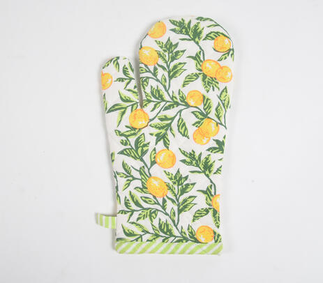 Hand block printed tropical citrus oven mitten