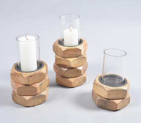 Hand carved stacked mango wood & glass candle holders Qalara
