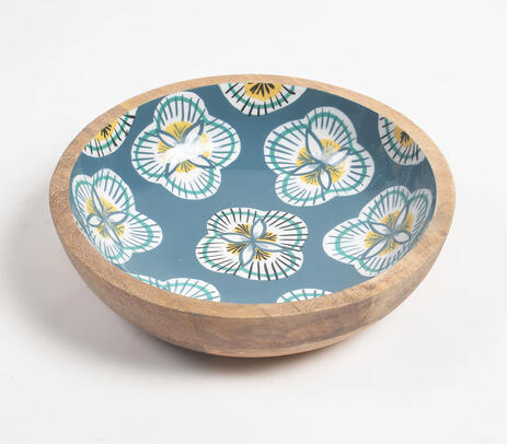 Enameled floral motif mango wood bowl Qalara