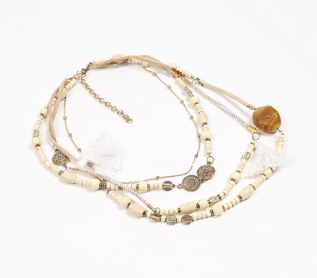 Bone & wooden beads multi-strand cream boho necklace