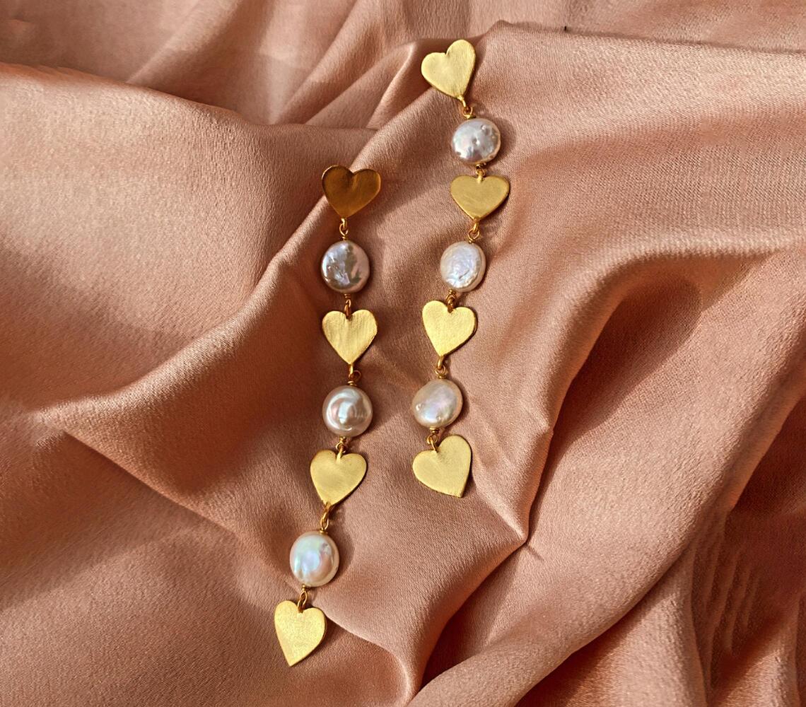 14k gold-plated brass drops-heart shoulder-duster earrings
