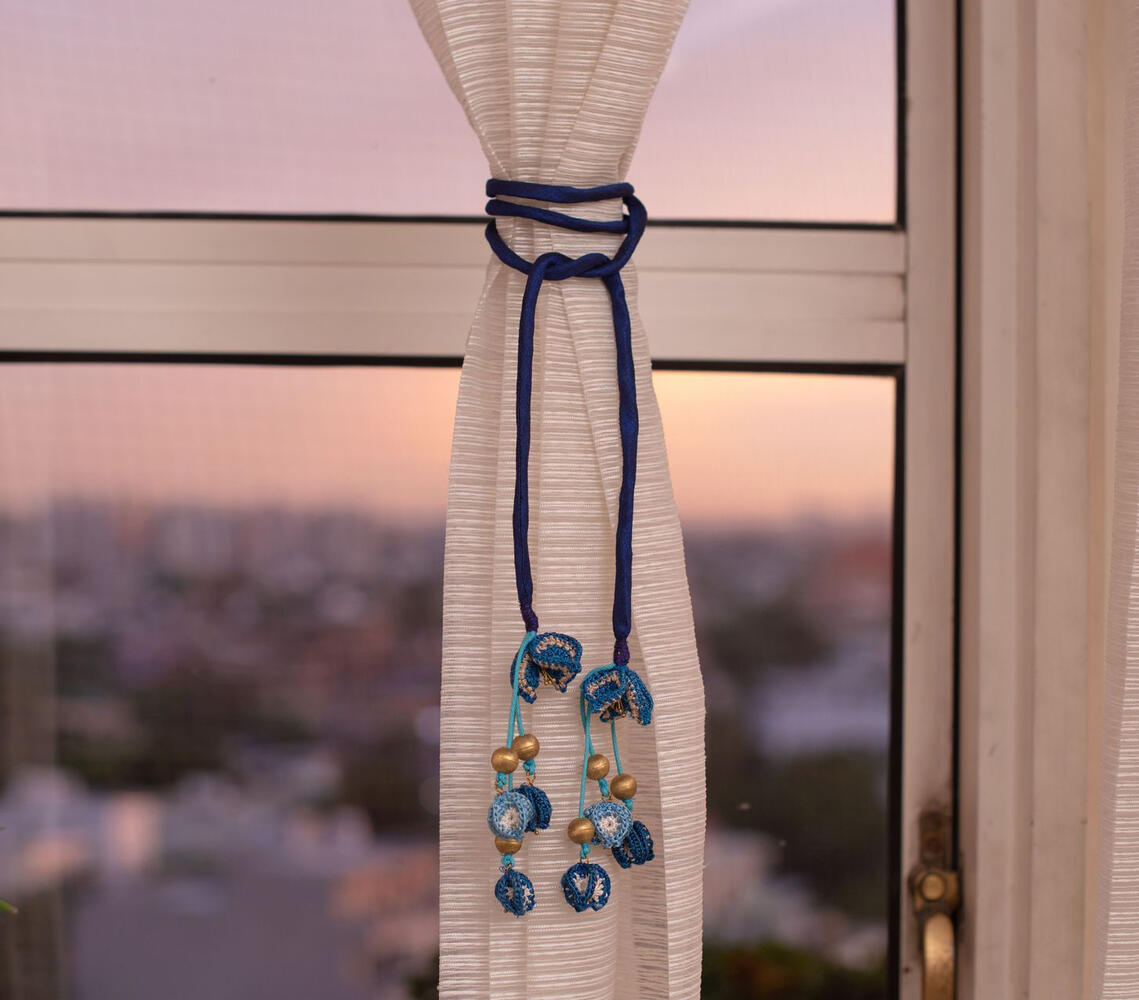 Handmade crochet blue curtain ties