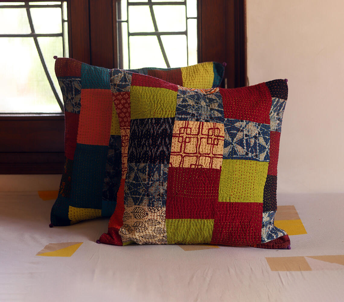 Hand embroidered tanka block print cushion cover