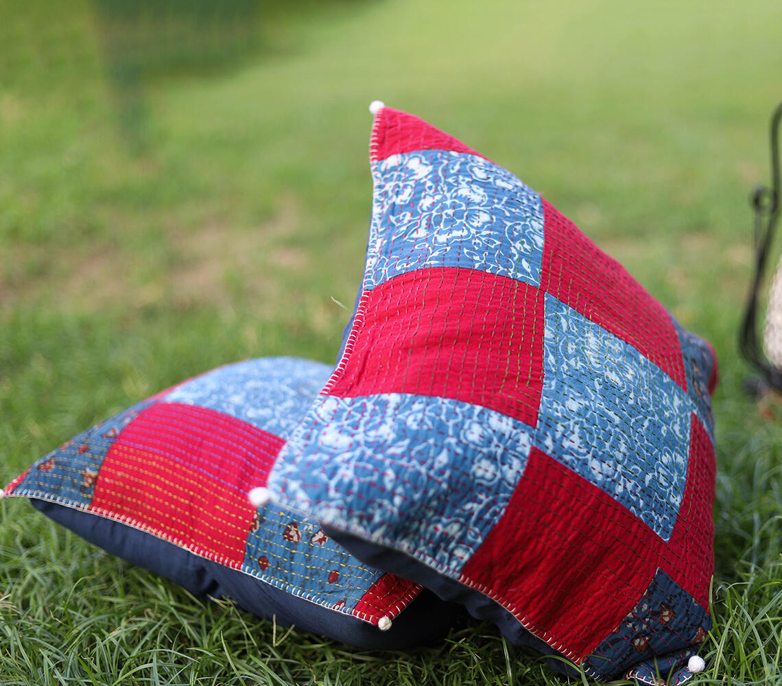 Hand embroidered tanka block print cushion cover