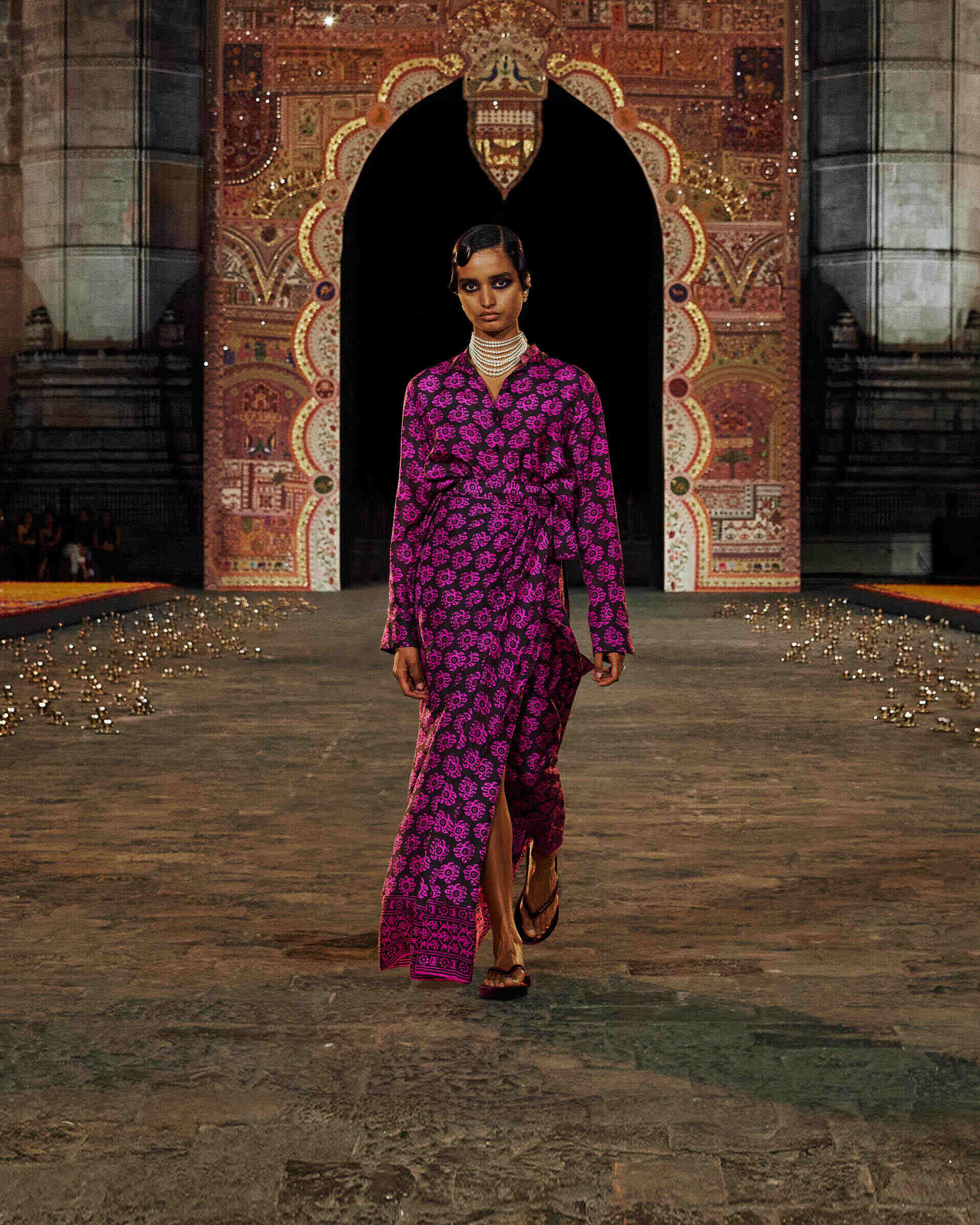 Model walking the ramp donning a block printed piece