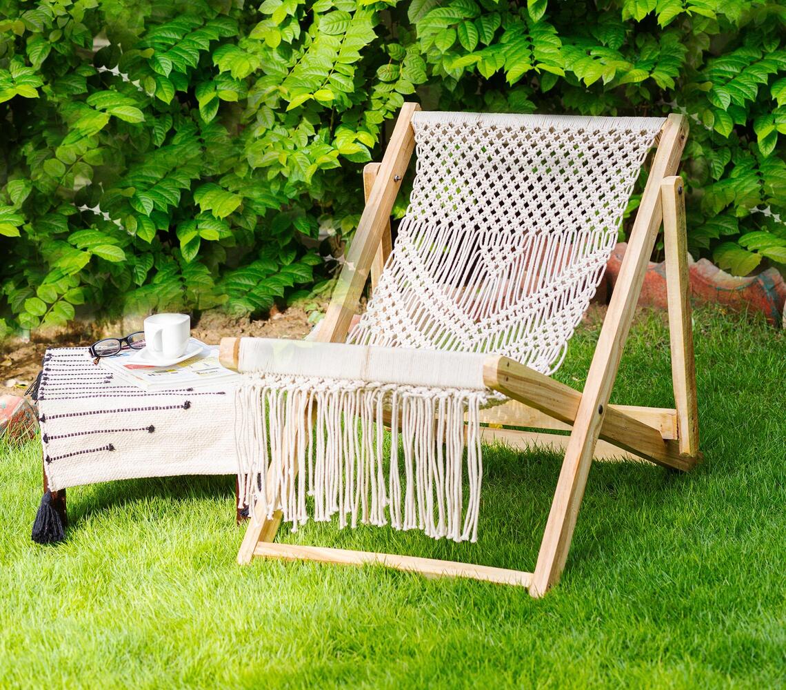 Macrame cotton & wood boho deck chair