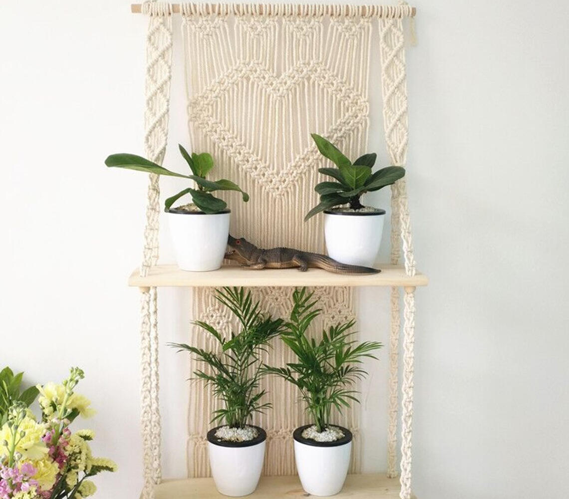 Macrame two-tiered hanging shelf