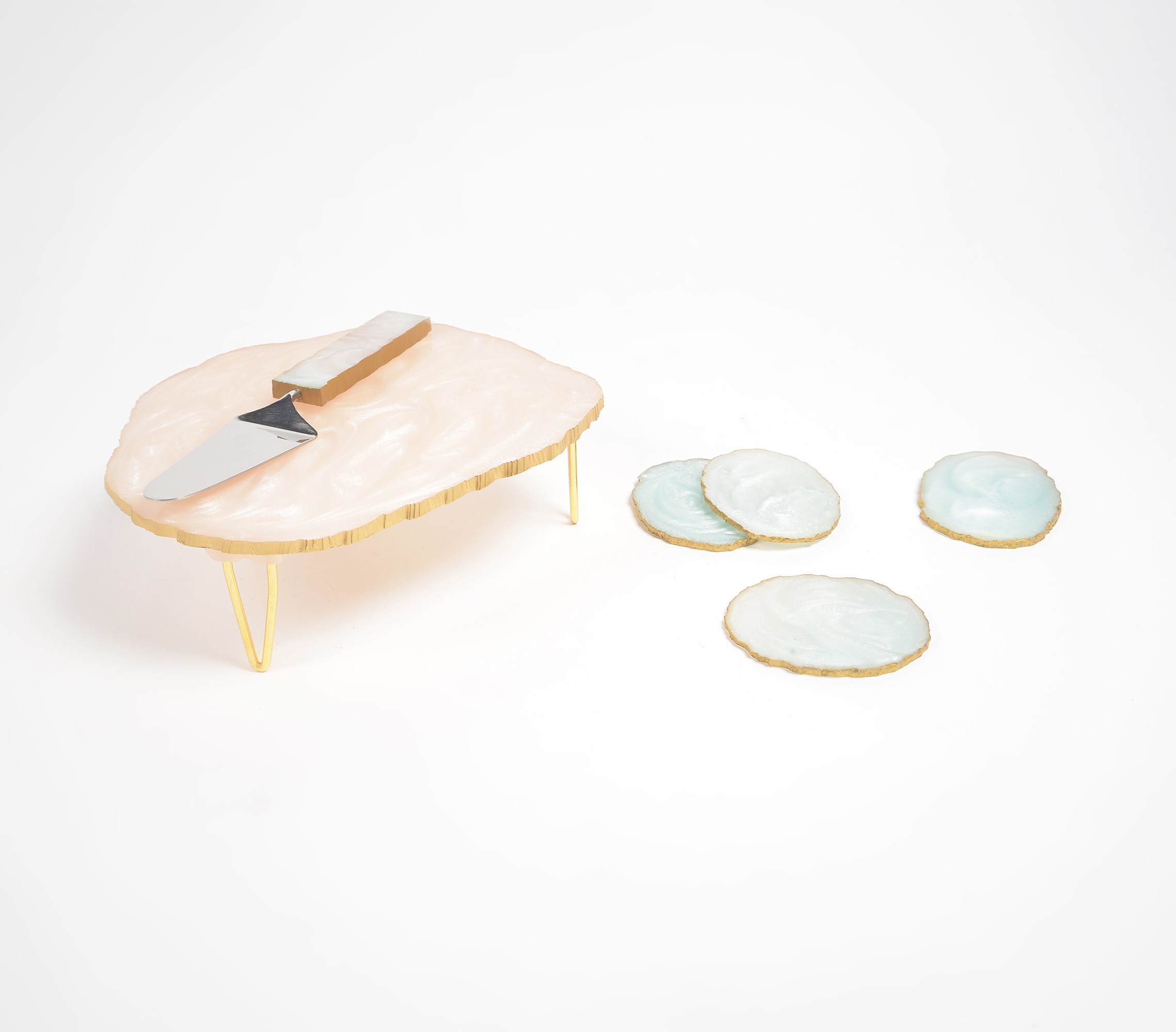 Pastel cake stand with cake server and coasters set