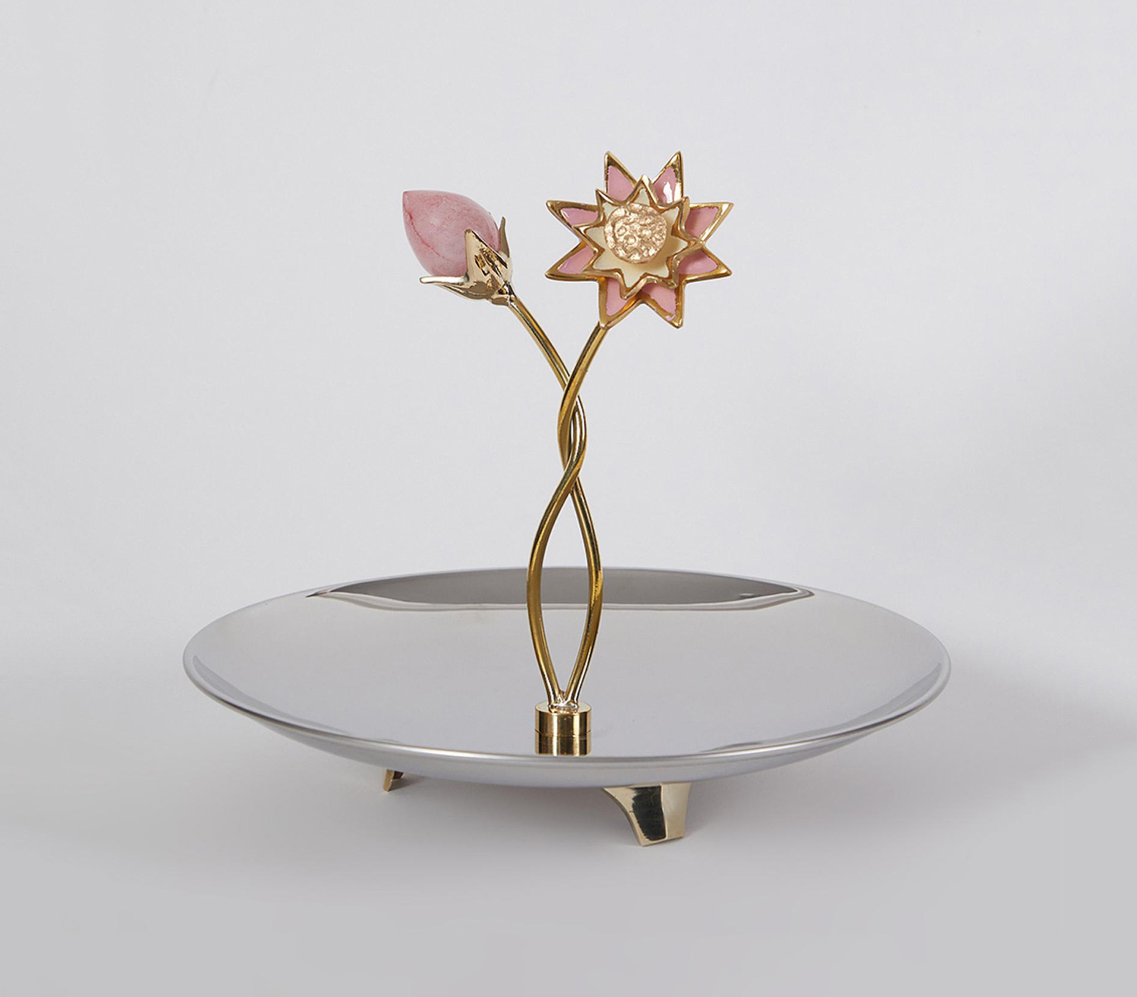 Rose quartz brass enamel floral pole platter